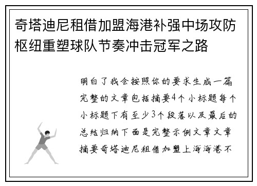 奇塔迪尼租借加盟海港补强中场攻防枢纽重塑球队节奏冲击冠军之路