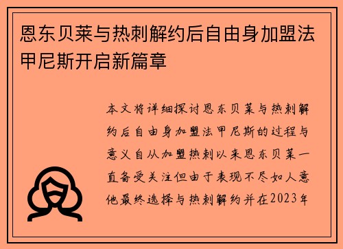 恩东贝莱与热刺解约后自由身加盟法甲尼斯开启新篇章