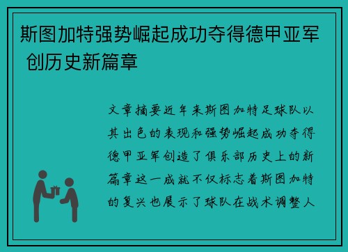 斯图加特强势崛起成功夺得德甲亚军 创历史新篇章